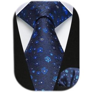 imageHISDERN Men Floral Ties Woven Classic 34quot Necktie Set Formal Tie Pocket Square for Wedding with Handkerchief Gift BoxNavy Blue Floral