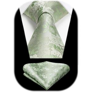imageHISDERN Men Floral Ties Woven Classic 34quot Necktie Set Formal Tie Pocket Square for Wedding with Handkerchief Gift BoxSage Green Floral11
