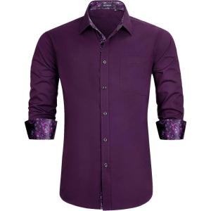 imageHISDERN Mens Business Dress Shirts Long Sleeve Casual Button Down Shirt Formal Inner Collar Contrast Shirt for Men WeddingDark Purple  Paisley