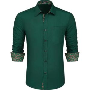 imageHISDERN Mens Business Dress Shirts Long Sleeve Casual Button Down Shirt Formal Inner Collar Contrast Shirt for Men WeddingGreen  Chriatmas