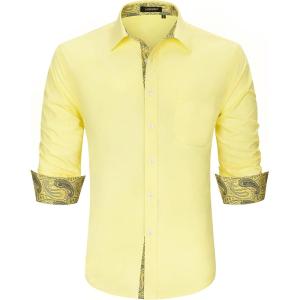 imageHISDERN Mens Business Dress Shirts Long Sleeve Casual Button Down Shirt Formal Inner Collar Contrast Shirt for Men WeddingLight Yellow  Paisley