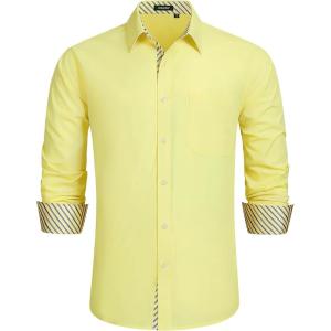 imageHISDERN Mens Business Dress Shirts Long Sleeve Casual Button Down Shirt Formal Inner Collar Contrast Shirt for Men WeddingLight Yellow  Striped