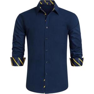 imageHISDERN Mens Business Dress Shirts Long Sleeve Casual Button Down Shirt Formal Inner Collar Contrast Shirt for Men WeddingNavy Blue  Striped