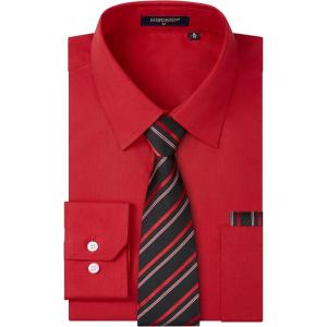 imageMens Solid Long Sleeve Dress Shirt with Matching Tie and Handkerchief Set Classic Button Down Formal Business Shirts06bright Red