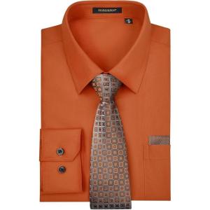 imageMens Solid Long Sleeve Dress Shirt with Matching Tie and Handkerchief Set Classic Button Down Formal Business Shirts06orange1
