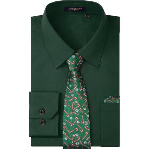 imageMens Solid Long Sleeve Dress Shirt with Matching Tie and Handkerchief Set Classic Button Down Formal Business Shirts08greenCandy Cane