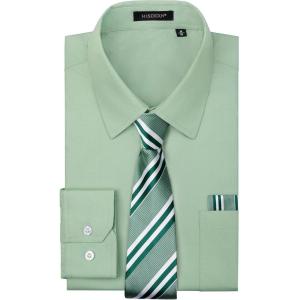 imageMens Solid Long Sleeve Dress Shirt with Matching Tie and Handkerchief Set Classic Button Down Formal Business Shirts08sage Green
