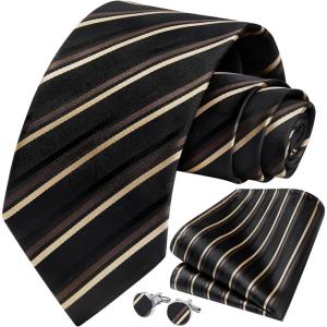 imageHISDERN Mens Tie Set Stripe Plaid Ties with Pocket Square Cufflinks Formal Business Silk Necktie Handkerchief for MenBlack Brown