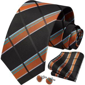 imageHISDERN Mens Tie Set Stripe Plaid Ties with Pocket Square Cufflinks Formal Business Silk Necktie Handkerchief for MenBlack Orange