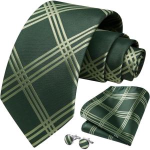 imageHISDERN Mens Tie Set Stripe Plaid Ties with Pocket Square Cufflinks Formal Business Silk Necktie Handkerchief for MenEmerald Green