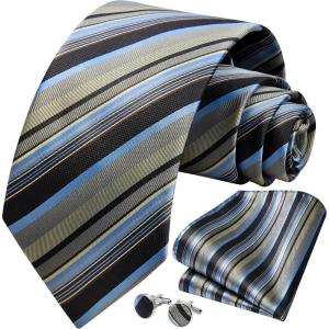 imageHISDERN Mens Tie Set Stripe Plaid Ties with Pocket Square Cufflinks Formal Business Silk Necktie Handkerchief for MenGrey Blue
