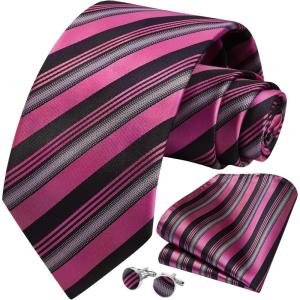 imageHISDERN Mens Tie Set Stripe Plaid Ties with Pocket Square Cufflinks Formal Business Silk Necktie Handkerchief for MenHot Pink Black