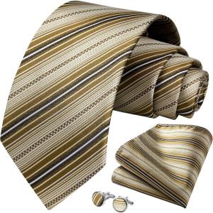 imageHISDERN Mens Tie Set Stripe Plaid Ties with Pocket Square Cufflinks Formal Business Silk Necktie Handkerchief for MenKhaki