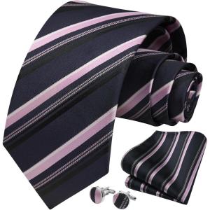 imageHISDERN Mens Tie Set Stripe Plaid Ties with Pocket Square Cufflinks Formal Business Silk Necktie Handkerchief for MenNavy Pink