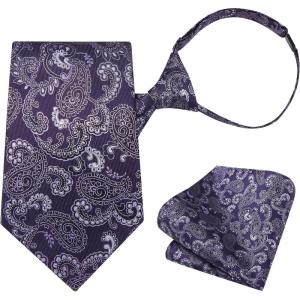 imageHISDERN Pre Tied Ties for Men Adjustable Mens Tie Classic Paisley Stripe Necktie and Pocket Square Set for Wedding PartyPpurple Paisley