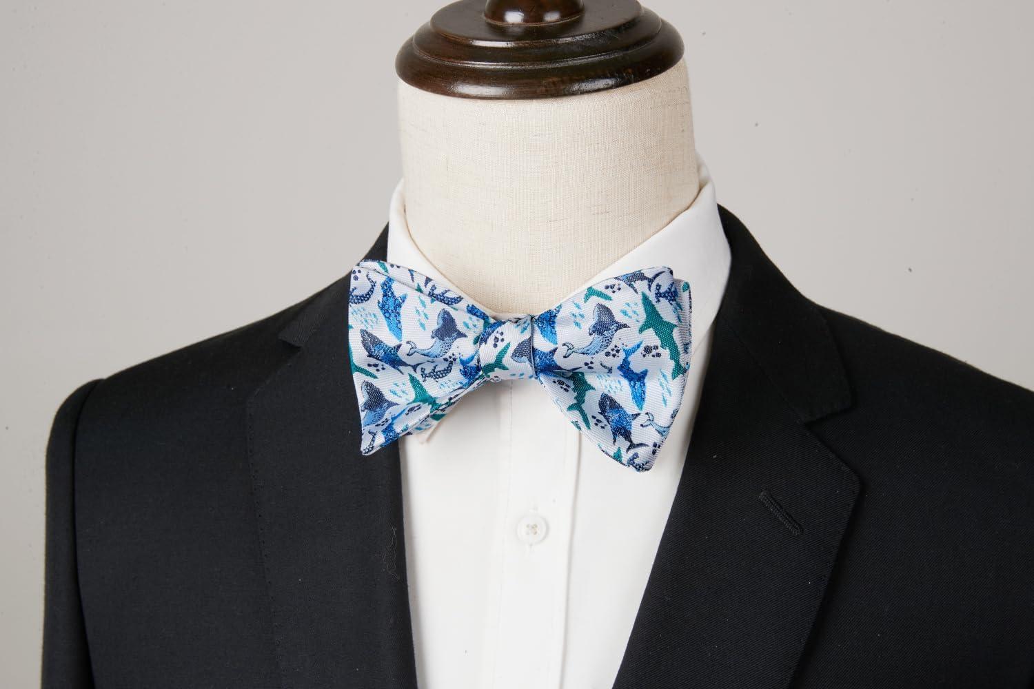 imageHISDERN Bow Ties for Men Self Tie Animal Bowties Pocket Square Woven Silk Fun Bowtie Handkerchief Set for Wedding PartyBlueSharks