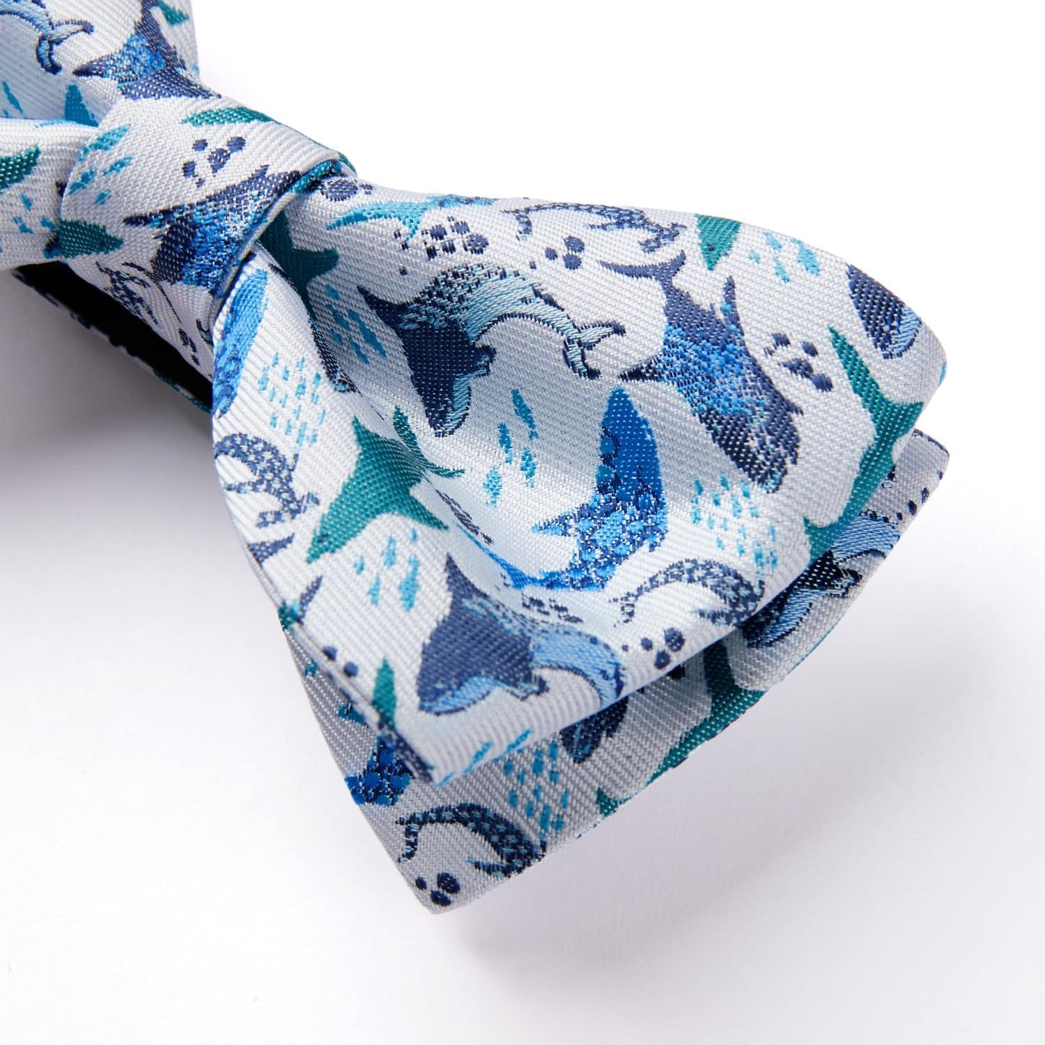 imageHISDERN Bow Ties for Men Self Tie Animal Bowties Pocket Square Woven Silk Fun Bowtie Handkerchief Set for Wedding PartyBlueSharks