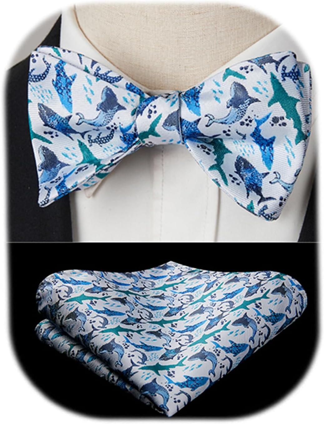 imageHISDERN Bow Ties for Men Self Tie Animal Bowties Pocket Square Woven Silk Fun Bowtie Handkerchief Set for Wedding PartyBlueSharks