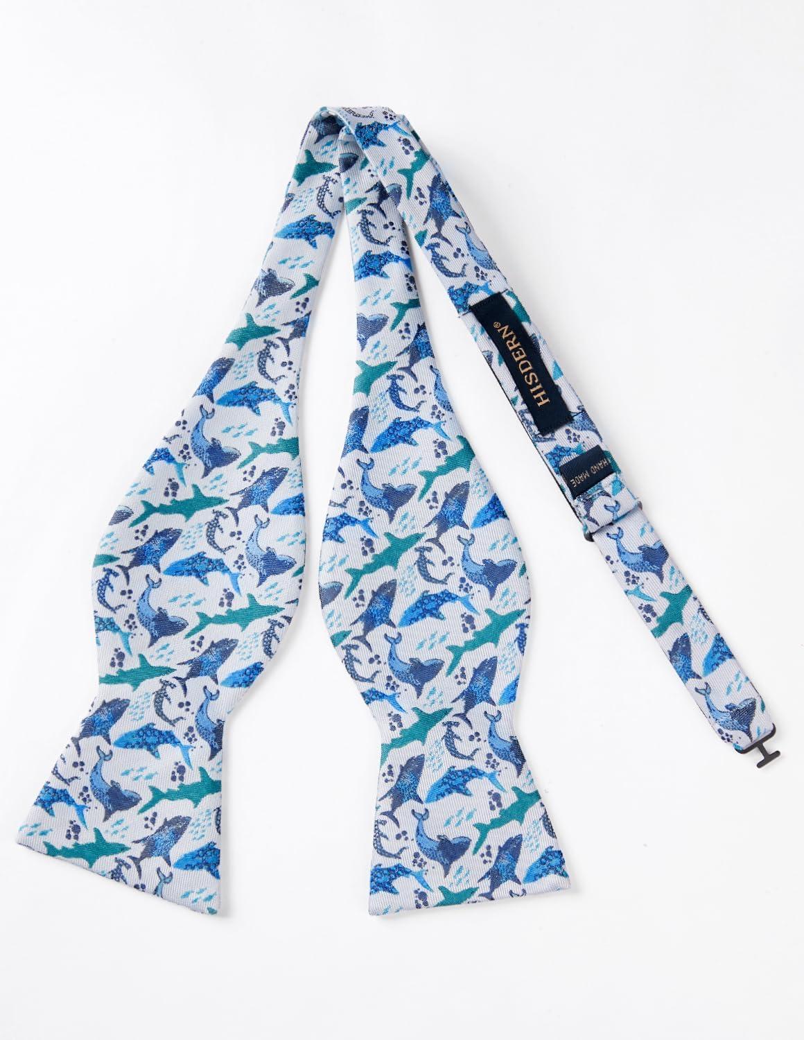 imageHISDERN Bow Ties for Men Self Tie Animal Bowties Pocket Square Woven Silk Fun Bowtie Handkerchief Set for Wedding PartyBlueSharks