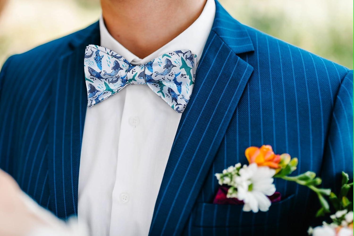 imageHISDERN Bow Ties for Men Self Tie Animal Bowties Pocket Square Woven Silk Fun Bowtie Handkerchief Set for Wedding PartyBlueSharks