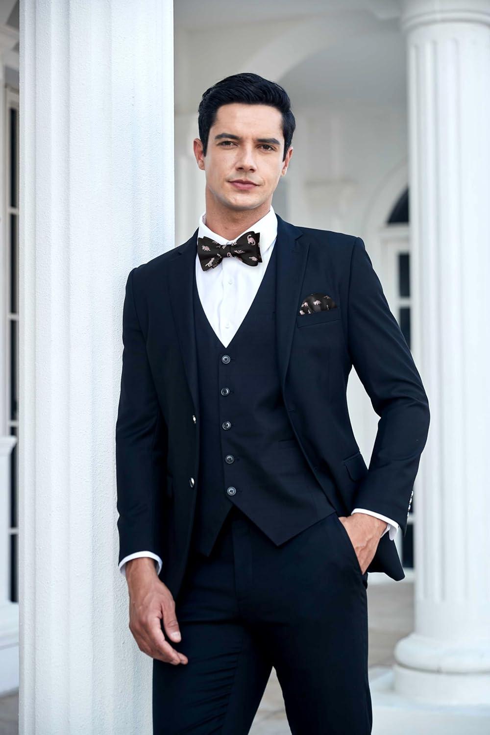 imageHISDERN Bow Ties for Men Self Tie Animal Bowties Pocket Square Woven Silk Fun Bowtie Handkerchief Set for Wedding PartyDinosaurBlack