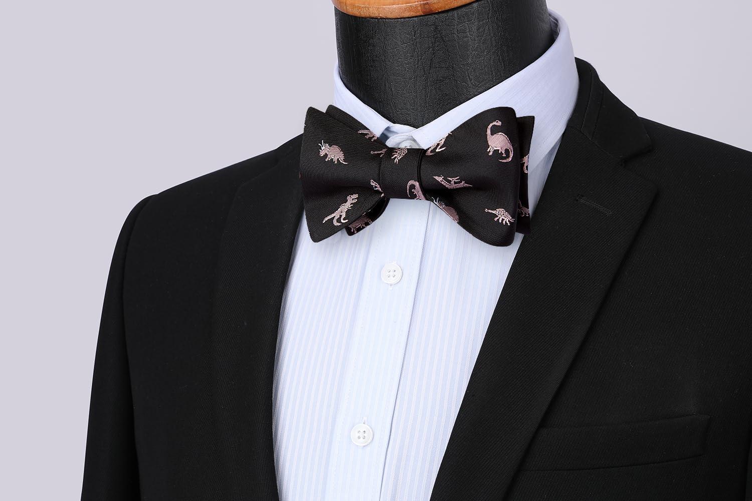 imageHISDERN Bow Ties for Men Self Tie Animal Bowties Pocket Square Woven Silk Fun Bowtie Handkerchief Set for Wedding PartyDinosaurBlack