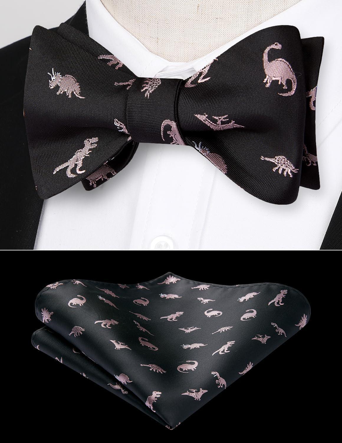 imageHISDERN Bow Ties for Men Self Tie Animal Bowties Pocket Square Woven Silk Fun Bowtie Handkerchief Set for Wedding PartyDinosaurBlack