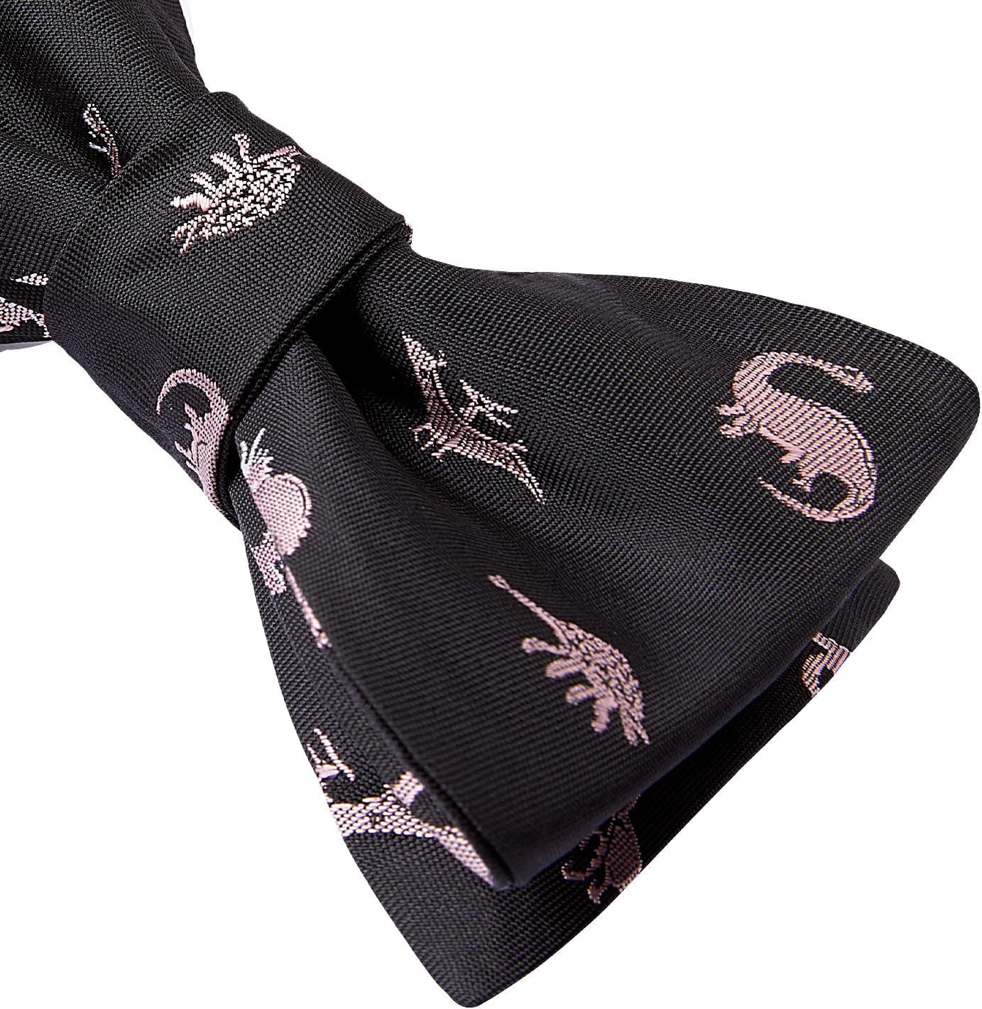 imageHISDERN Bow Ties for Men Self Tie Animal Bowties Pocket Square Woven Silk Fun Bowtie Handkerchief Set for Wedding PartyDinosaurBlack