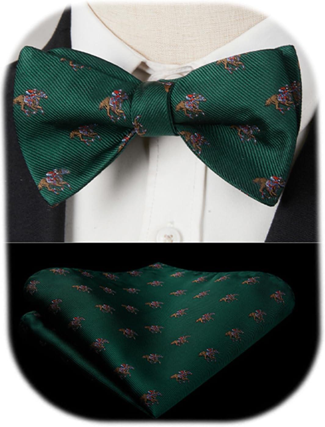 imageHISDERN Bow Ties for Men Self Tie Animal Bowties Pocket Square Woven Silk Fun Bowtie Handkerchief Set for Wedding PartyGreenHorse Racing