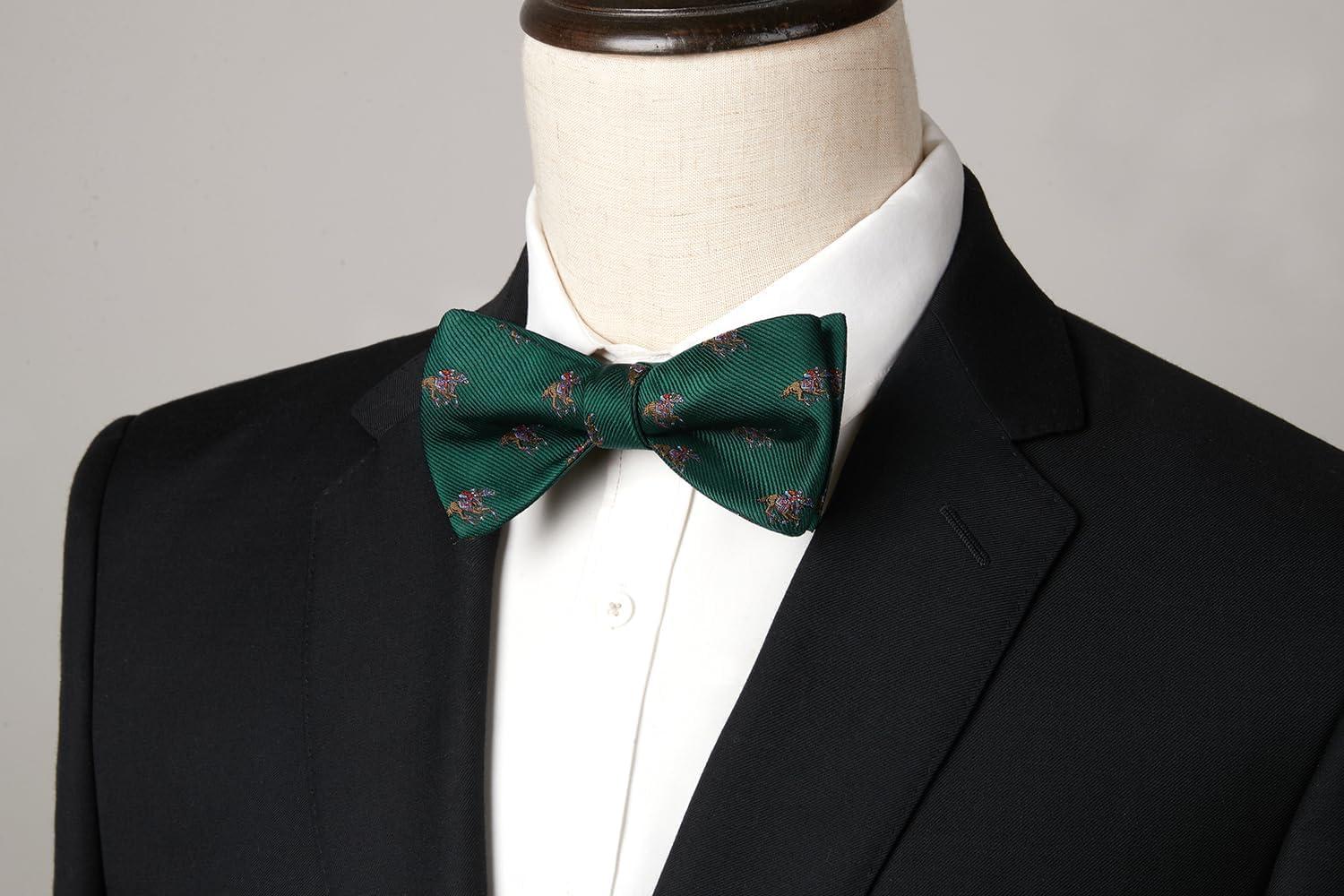 imageHISDERN Bow Ties for Men Self Tie Animal Bowties Pocket Square Woven Silk Fun Bowtie Handkerchief Set for Wedding PartyGreenHorse Racing