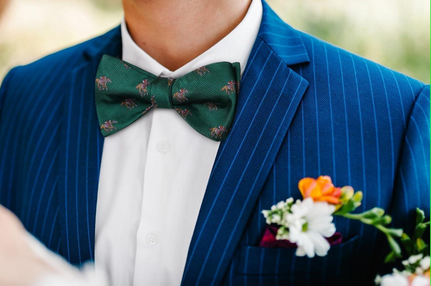 imageHISDERN Bow Ties for Men Self Tie Animal Bowties Pocket Square Woven Silk Fun Bowtie Handkerchief Set for Wedding PartyGreenHorse Racing