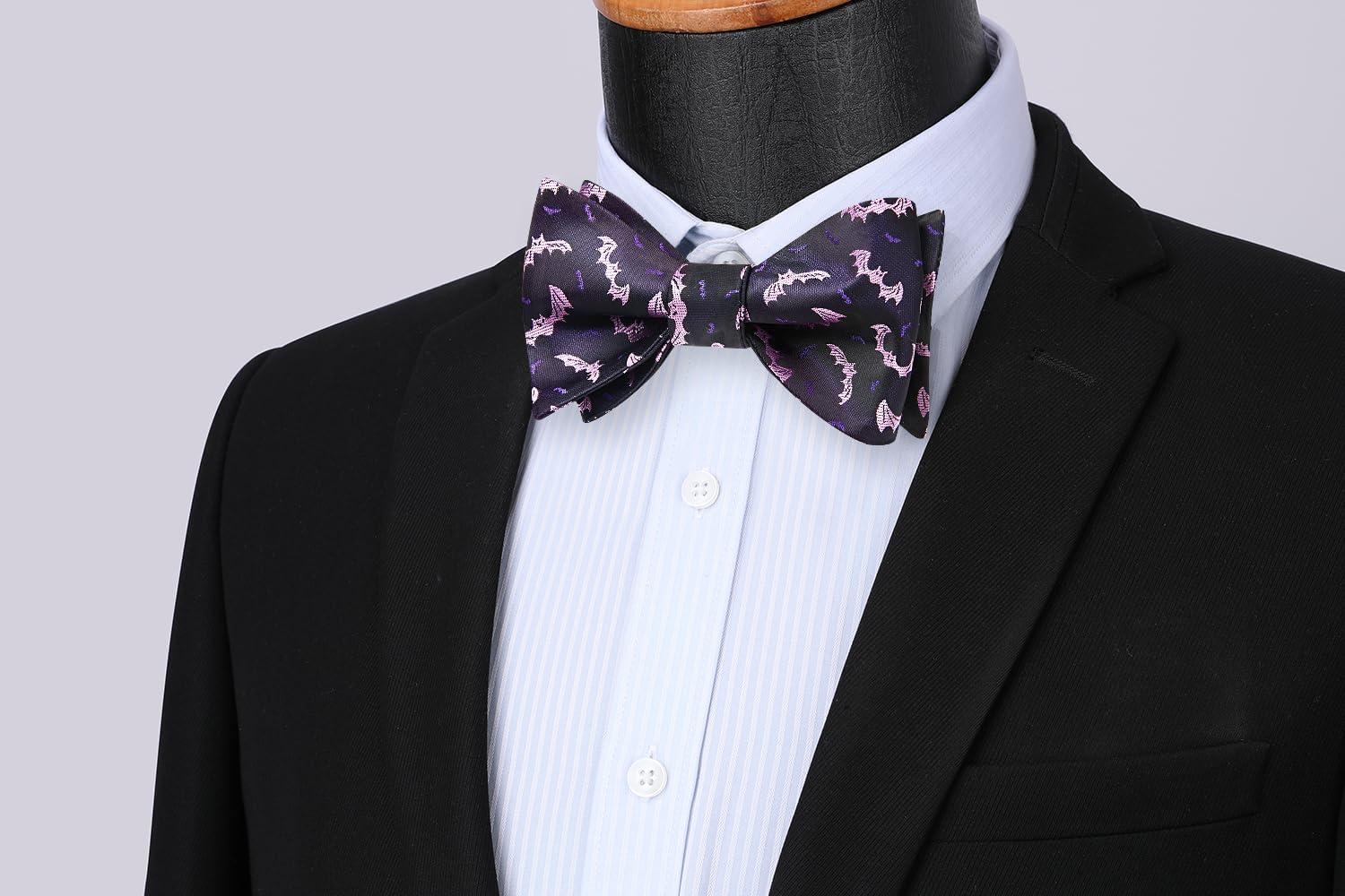 imageHISDERN Bow Ties for Men Self Tie Animal Bowties Pocket Square Woven Silk Fun Bowtie Handkerchief Set for Wedding PartyPurpleBat