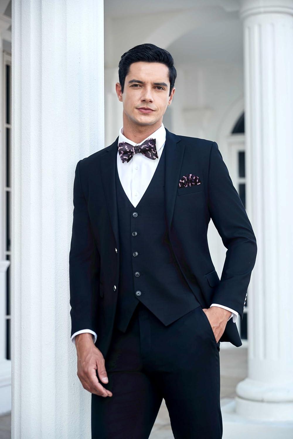 imageHISDERN Bow Ties for Men Self Tie Animal Bowties Pocket Square Woven Silk Fun Bowtie Handkerchief Set for Wedding PartyPurpleBat