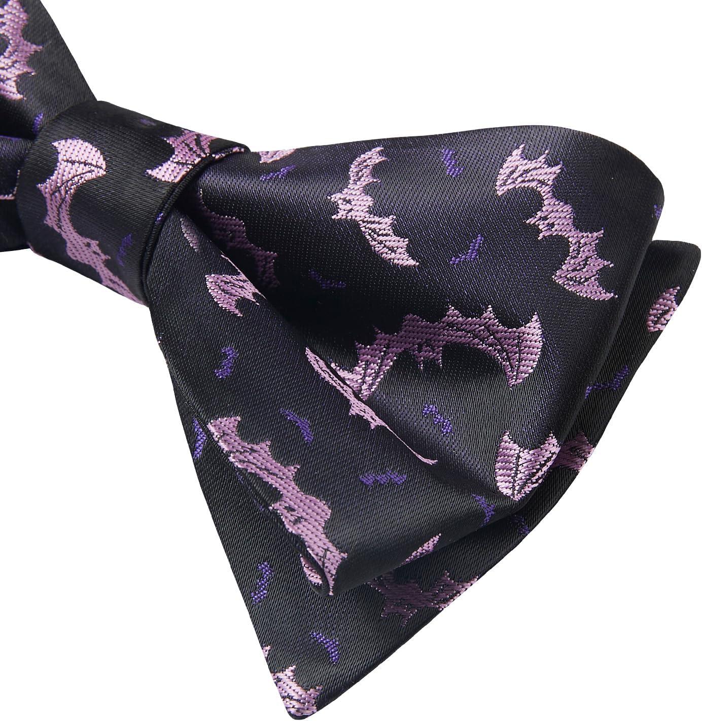 imageHISDERN Bow Ties for Men Self Tie Animal Bowties Pocket Square Woven Silk Fun Bowtie Handkerchief Set for Wedding PartyPurpleBat