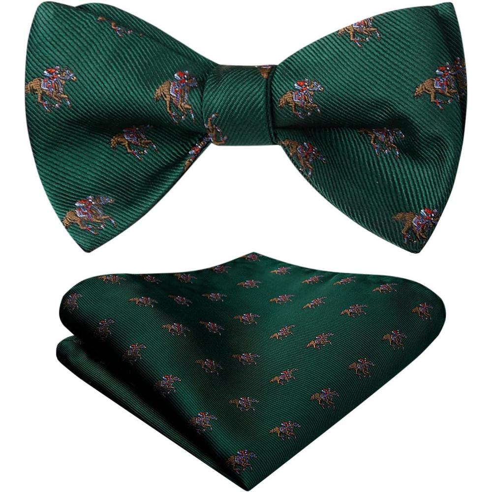 imageHISDERN Bow Ties for Men Self Tie Animal Bowties Pocket Square Woven Silk Fun Bowtie Handkerchief Set for Wedding PartyGreenHorse Racing