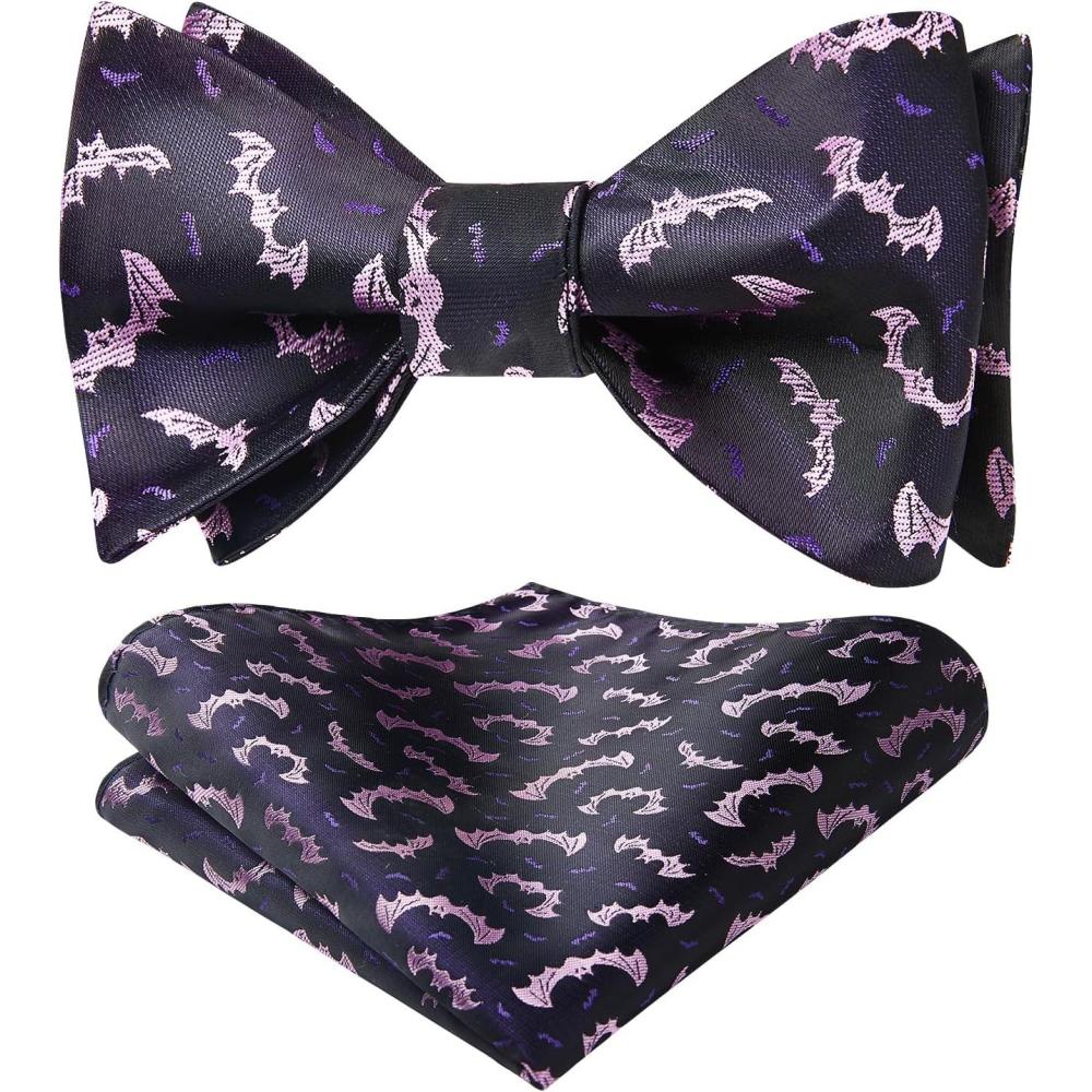 imageHISDERN Bow Ties for Men Self Tie Animal Bowties Pocket Square Woven Silk Fun Bowtie Handkerchief Set for Wedding PartyPurpleBat