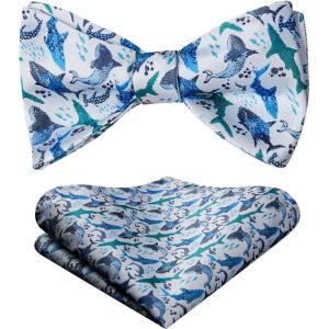 imageHISDERN Bow Ties for Men Self Tie Animal Bowties Pocket Square Woven Silk Fun Bowtie Handkerchief Set for Wedding PartyBlueSharks