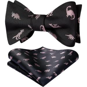 imageHISDERN Bow Ties for Men Self Tie Animal Bowties Pocket Square Woven Silk Fun Bowtie Handkerchief Set for Wedding PartyDinosaurBlack