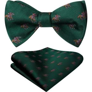 imageHISDERN Bow Ties for Men Self Tie Animal Bowties Pocket Square Woven Silk Fun Bowtie Handkerchief Set for Wedding PartyGreenHorse Racing