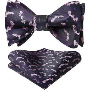 imageHISDERN Bow Ties for Men Self Tie Animal Bowties Pocket Square Woven Silk Fun Bowtie Handkerchief Set for Wedding PartyPurpleBat
