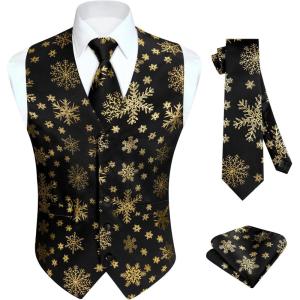 imageHISDERN Mens Suit Vest Christmas Holiday Season Party Jacquard Waistcoats Necktie Pocket Square Vest Suit SetBlack1