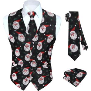imageHISDERN Mens Suit Vest Christmas Holiday Season Party Jacquard Waistcoats Necktie Pocket Square Vest Suit SetBlack2