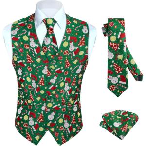 imageHISDERN Mens Suit Vest Christmas Holiday Season Party Jacquard Waistcoats Necktie Pocket Square Vest Suit SetGreen1