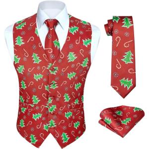 imageHISDERN Mens Suit Vest Christmas Holiday Season Party Jacquard Waistcoats Necktie Pocket Square Vest Suit SetRed  Christmas Tree
