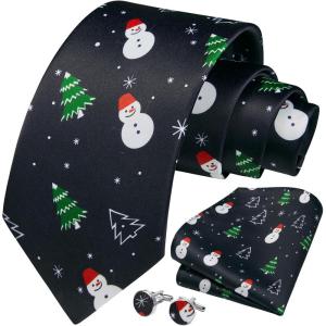 imageHISDERN Christmas Ties for Men Festival Xmas Silk Necktie Holiday Vocation Funny Tie Pocket Square Cufflinks SetBlack Blue Snowman Tree