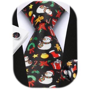 imageHISDERN Christmas Ties for Men Festival Xmas Silk Necktie Holiday Vocation Funny Tie Pocket Square Cufflinks SetBlack SnowmenWreath
