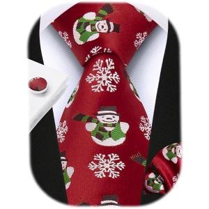 imageHISDERN Christmas Ties for Men Festival Xmas Silk Necktie Holiday Vocation Funny Tie Pocket Square Cufflinks SetBurgundy SnowmenSnowflake
