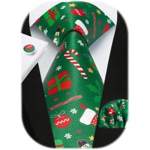 imageHISDERN Christmas Ties for Men Festival Xmas Silk Necktie Holiday Vocation Funny Tie Pocket Square Cufflinks SetGreen Gift Box