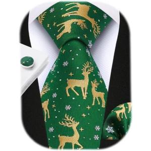 imageHISDERN Christmas Ties for Men Festival Xmas Silk Necktie Holiday Vocation Funny Tie Pocket Square Cufflinks SetGreen Gold Reindeer