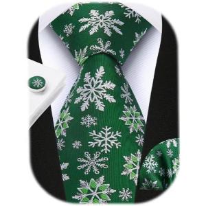 imageHISDERN Christmas Ties for Men Festival Xmas Silk Necktie Holiday Vocation Funny Tie Pocket Square Cufflinks SetGreen Snowflake